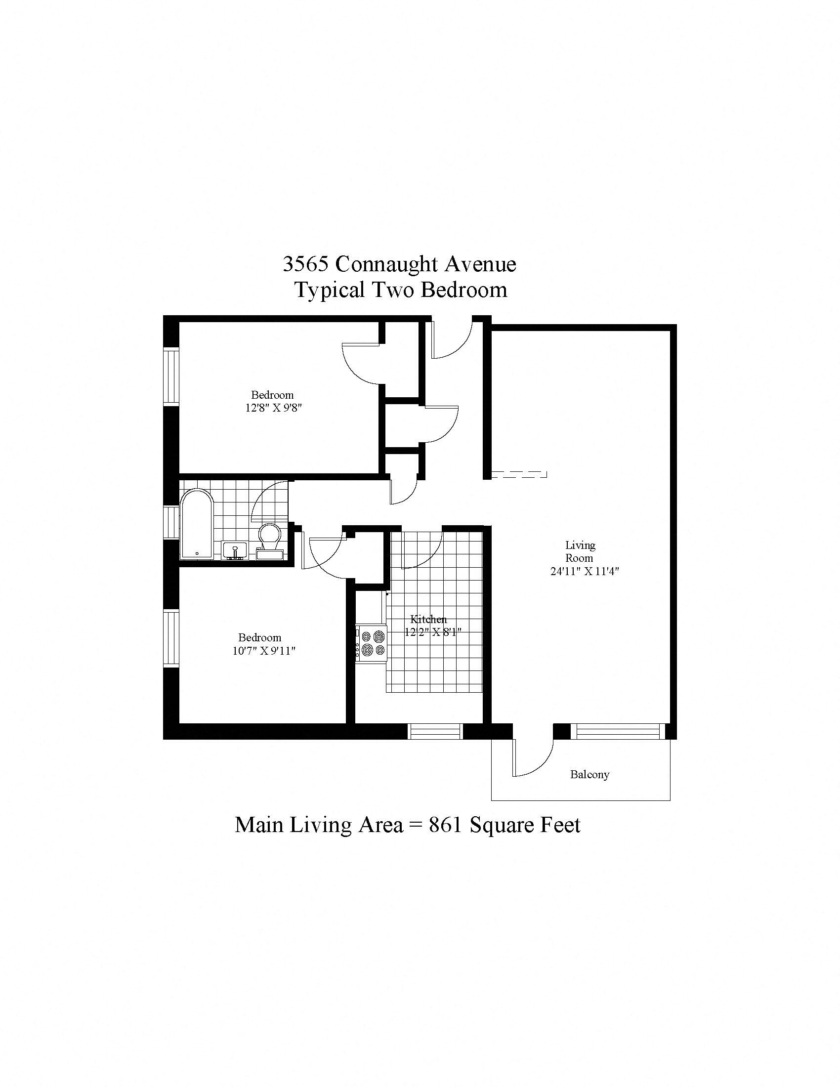 Floor plan for 2 beds, 1 bath, 861 sqft
